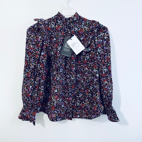 Who What Wear Womens Top Medium Blouse Floral Long Sleeve Button Down Ruffle New - Picture 4 of 13